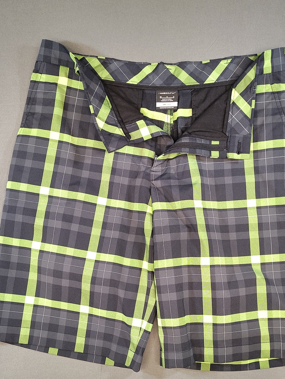 Nike Men's Gray and Lime Green Plaid Flat Front Shorts